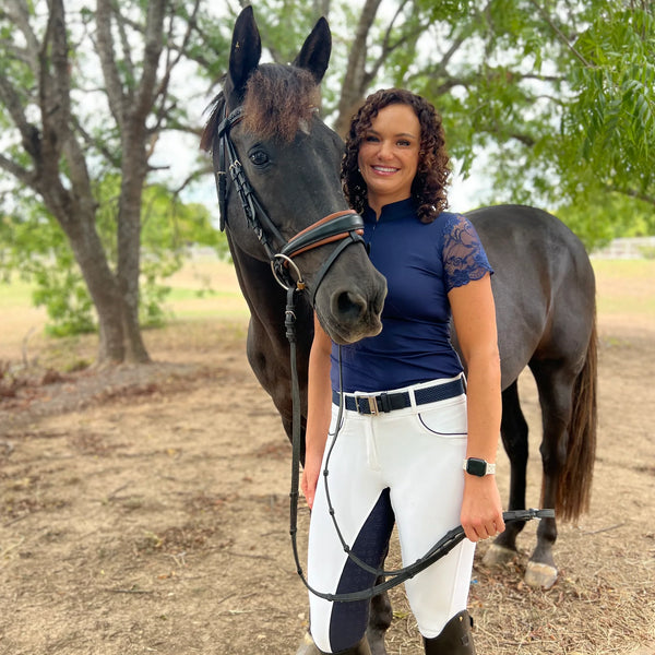 Halter Ego Evolution High Waisted White with Navy Seat Competition Breeches