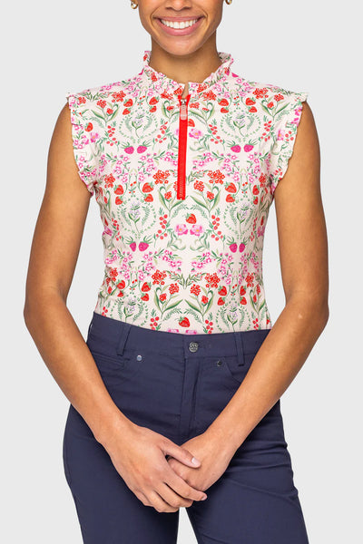Kastel Red Scandinavian Berries 1/4 Zip Ruffle Tank w/ Red Zipper
