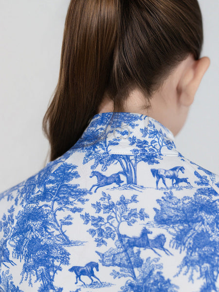 Dapplebay Kids Blue Equestrian Toile 1/4 Zip - Short Sleeve