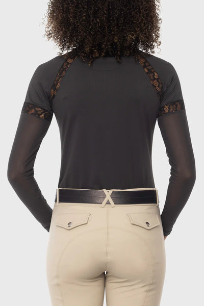 Kastel Black 1/4 Zip Long Sleeve Top w/Mesh Sleeves & Lace Insets