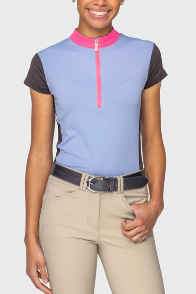 Kastel Periwinkle, Hot Pink, & Black Color Block Cap Sleeve 1/4 Zip Sun Shirt