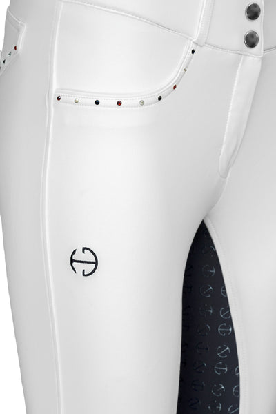 Crystal Evolution Mid Waist White with Navy Seat Competition Breeches