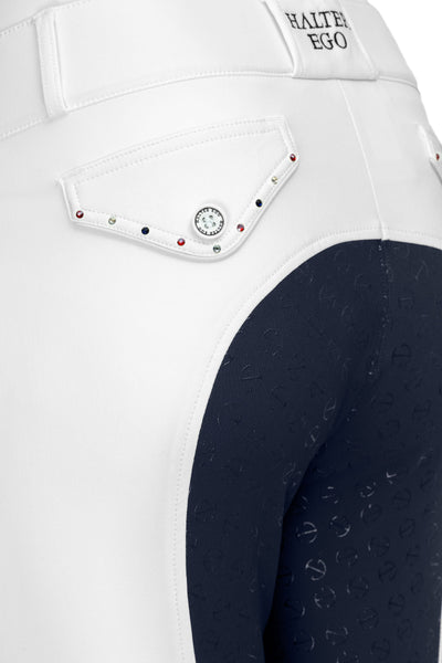 Crystal Evolution Mid Waist White with Navy Seat Competition Breeches