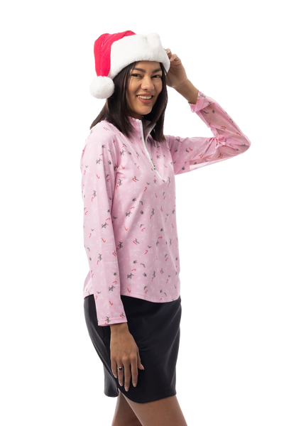 Sansoleil 1/4 Zip Mock Deck the Halls in Pink