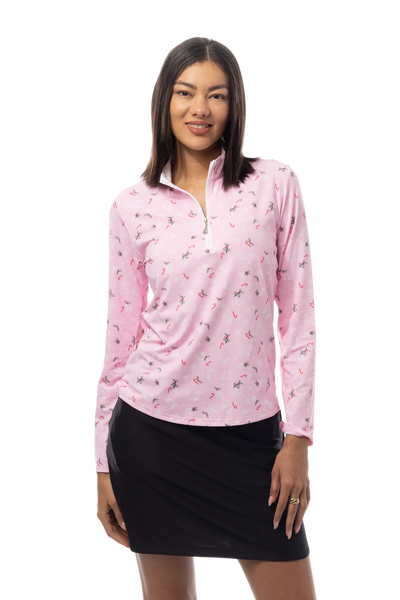 Sansoleil 1/4 Zip Mock Deck the Halls in Pink