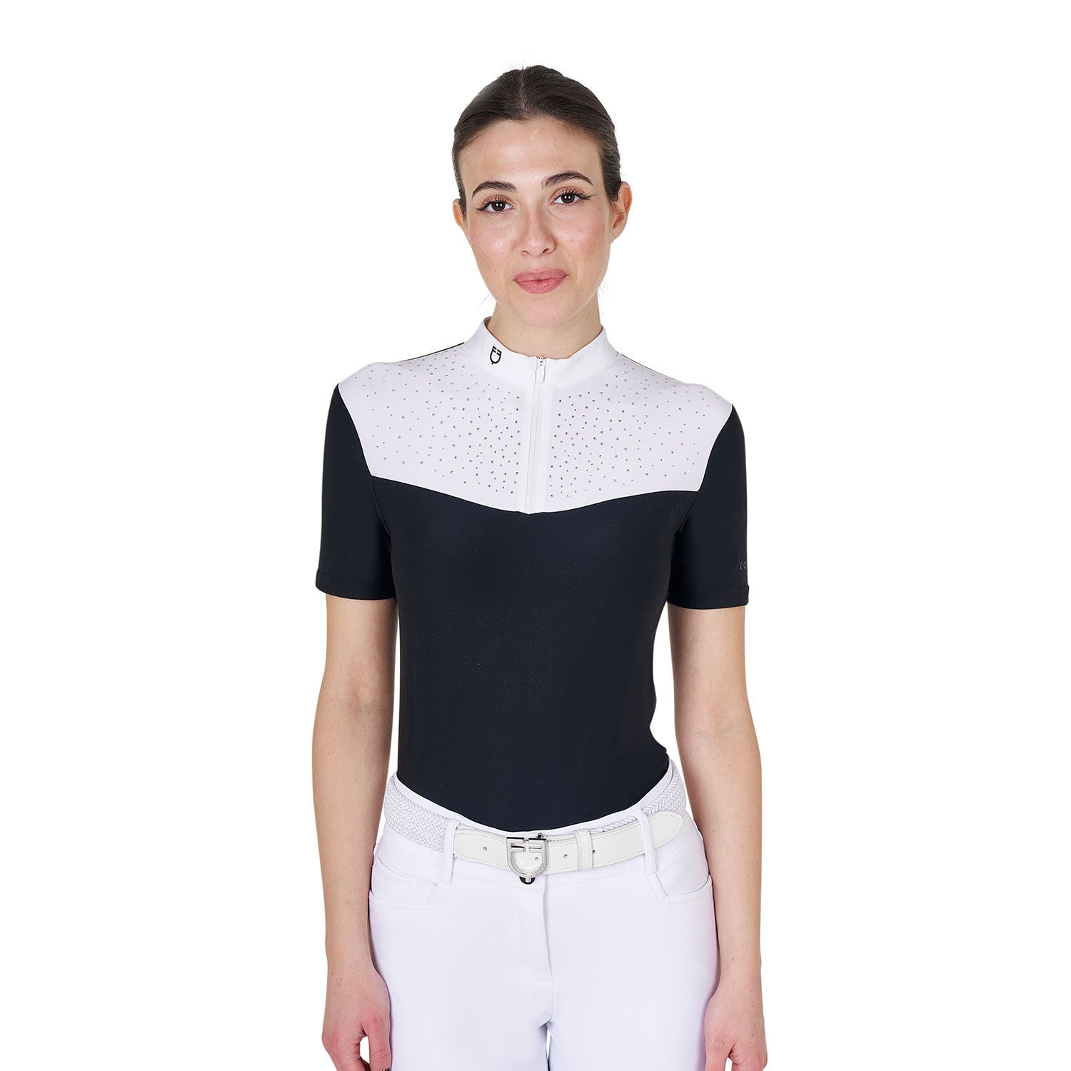 EQUESTRO WOMEN'S SHORT-SLEEVED COMPETITION POLO SHIRT WITH FRONT RHINESTONES