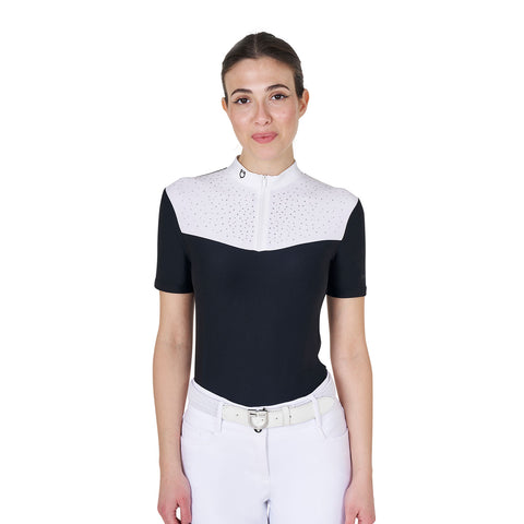 EQUESTRO WOMEN'S SHORT-SLEEVED COMPETITION POLO SHIRT WITH FRONT RHINESTONES