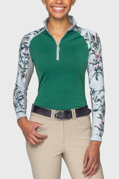 Kastel Powder Blue Botanical w/ Foliage Green Body Raglan Long Sleeve 1/4 Zip Sun Shirt