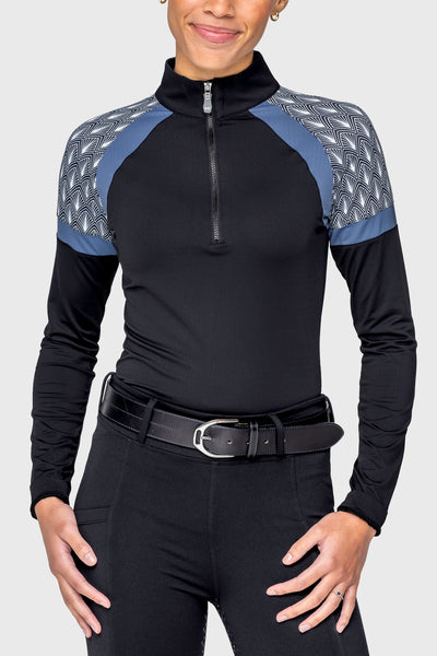 Kastel Black Solid w/ Black & White Deco Fand & Pacific Blue Panels Long Sleeve 1/4 Zip Sun Shirt