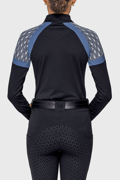 Kastel Black Solid w/ Black & White Deco Fand & Pacific Blue Panels Long Sleeve 1/4 Zip Sun Shirt