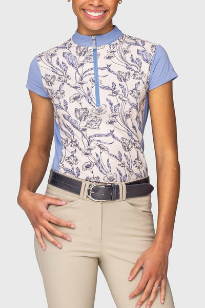Kastel Periwinkle French Tulip Color Block Cap Sleeve 1/4 Zip Sun Shirt