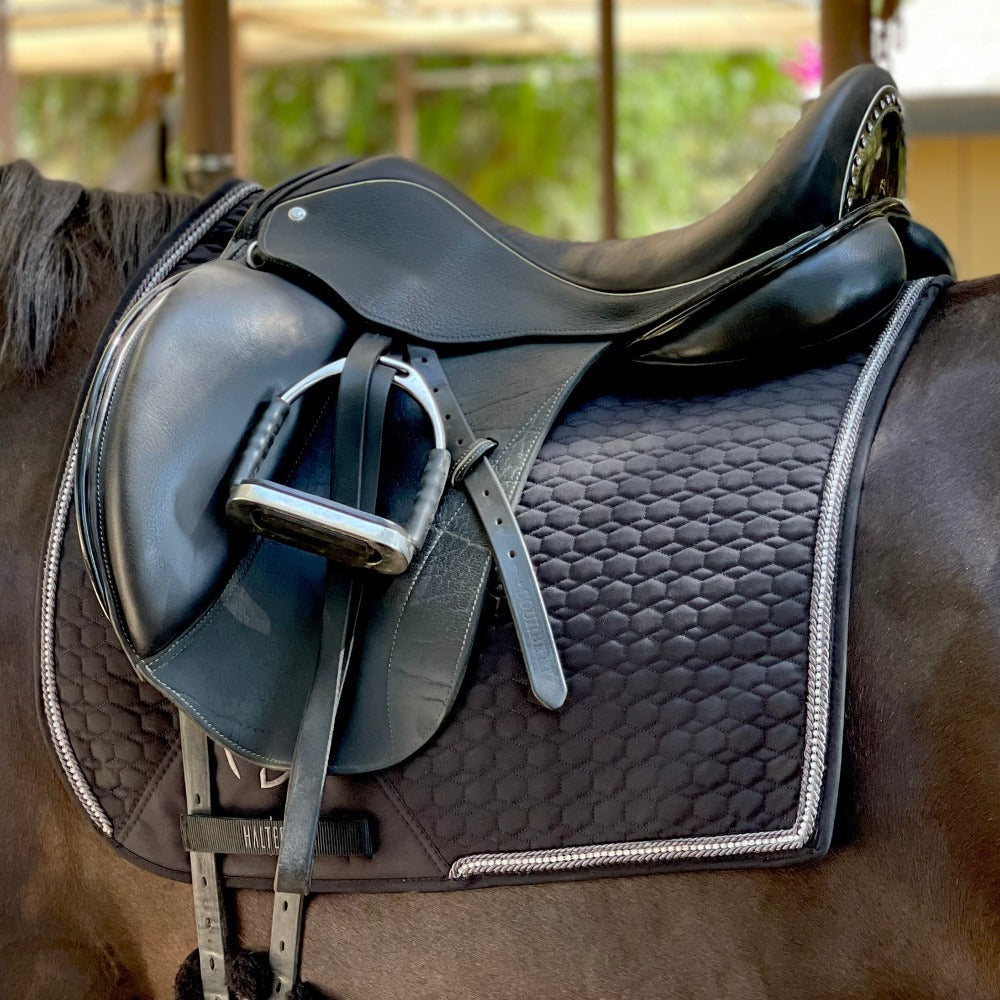 European Cotton Dressage Saddle Pad - Black with Crystal & Gunmetal Trim