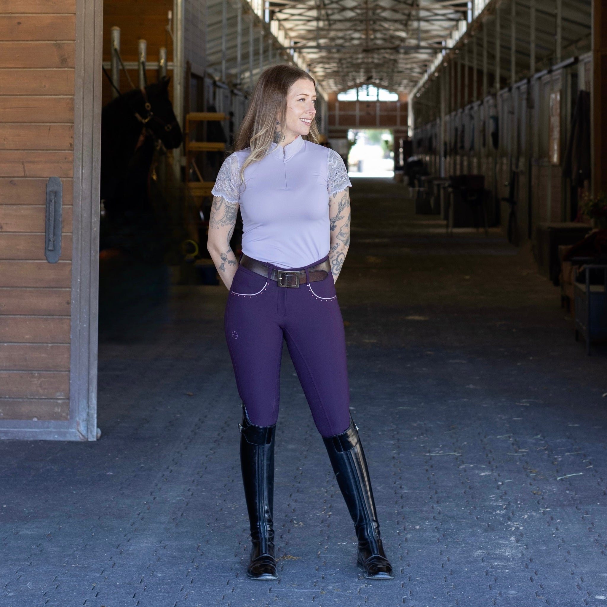 Charlie Short Sleeve Lace Riding Shirt - Mauve