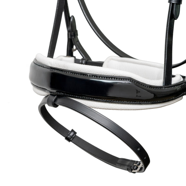 ❄️ Mont Blanc Black Patent Leather Snaffle Bridle With White Padding & Removable Flash