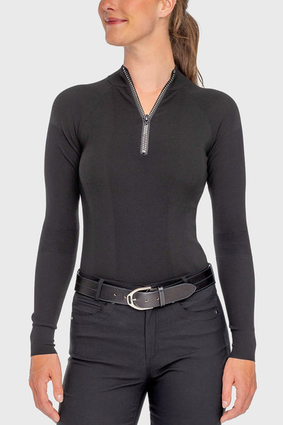 Kastel Black Crystal Zipper Ribbed Mock Neck Sweater