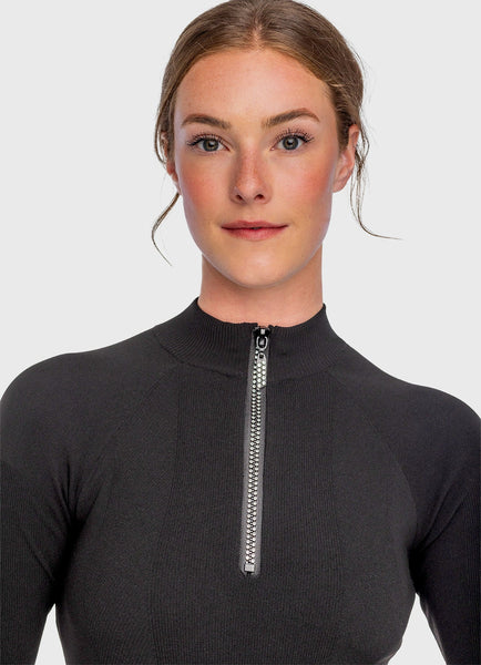 Kastel Black Crystal Zipper Ribbed Mock Neck Sweater