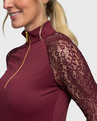 Kastel Long Sleeve Tawny Port Floral Lace Raglan With Gold 1/4 Zip