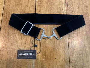 Anademi Black Stretch Belt with Rhinestone Silver Bit Buckle
