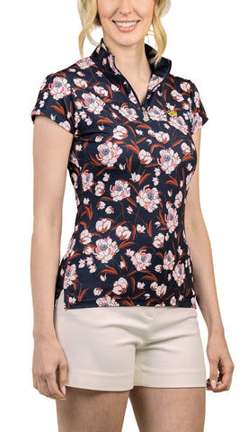 Kastel Navy Peonies Shirred Shoulder Cap Sleeve
